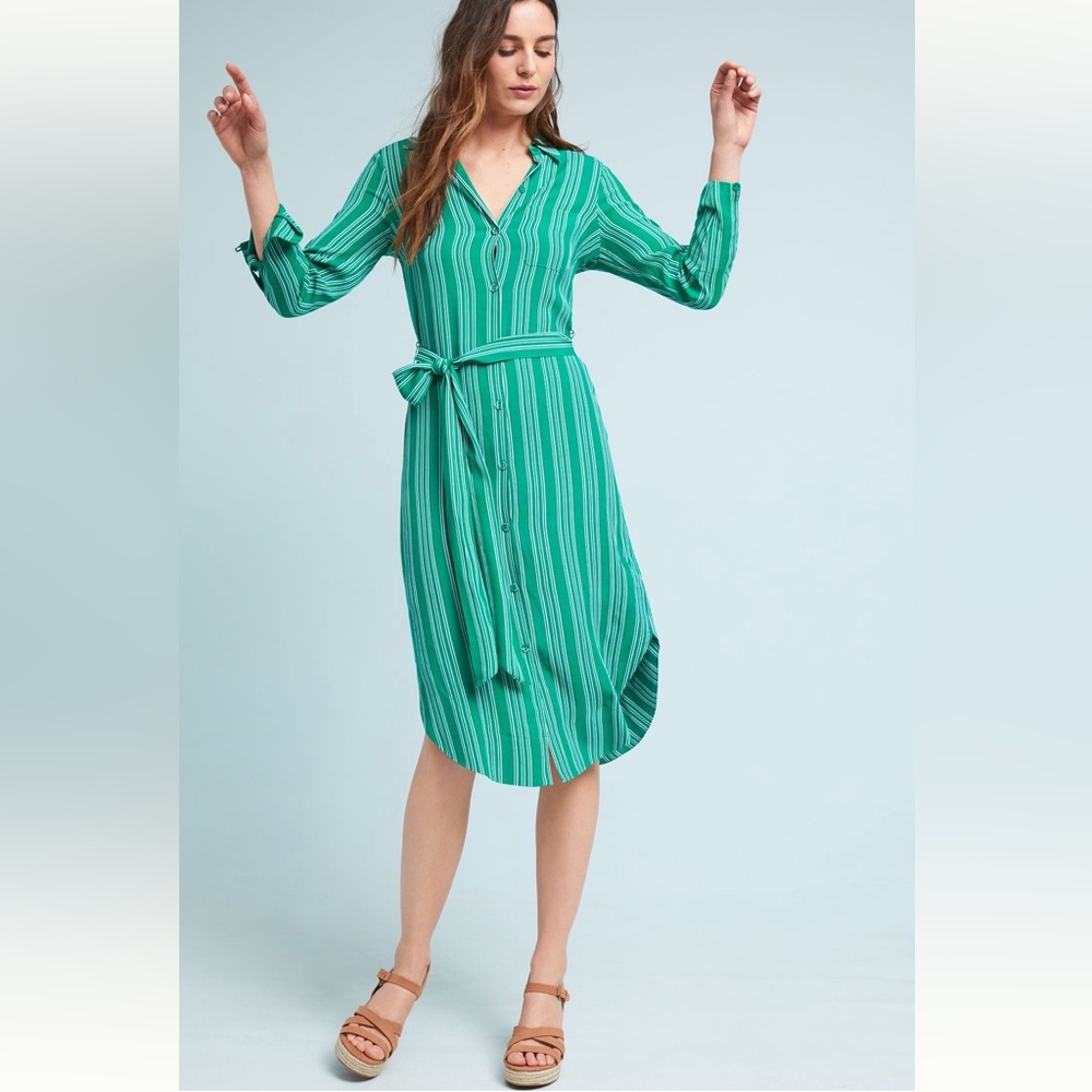 ANTHROPOLOGIE / MAEVE Martina Belted Shirt Dress in Green Stripe - Sz 0